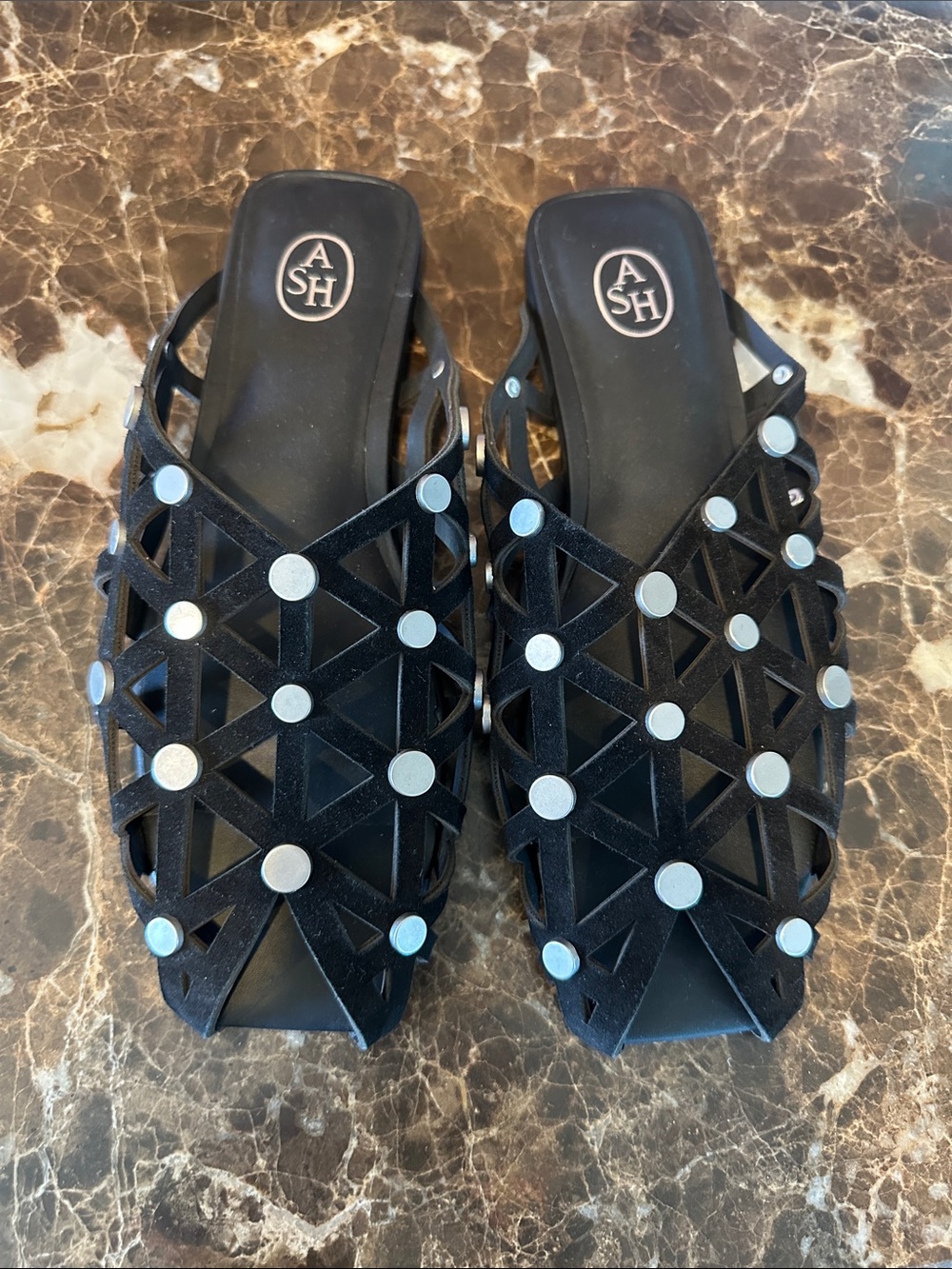 ASH Black Lattice Slide Sandals with Silver Studs